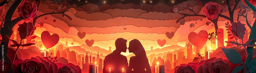 Create a romantic paper cut poster for a Valentine's Day dinner event, with hearts, roses, and candlelit tables