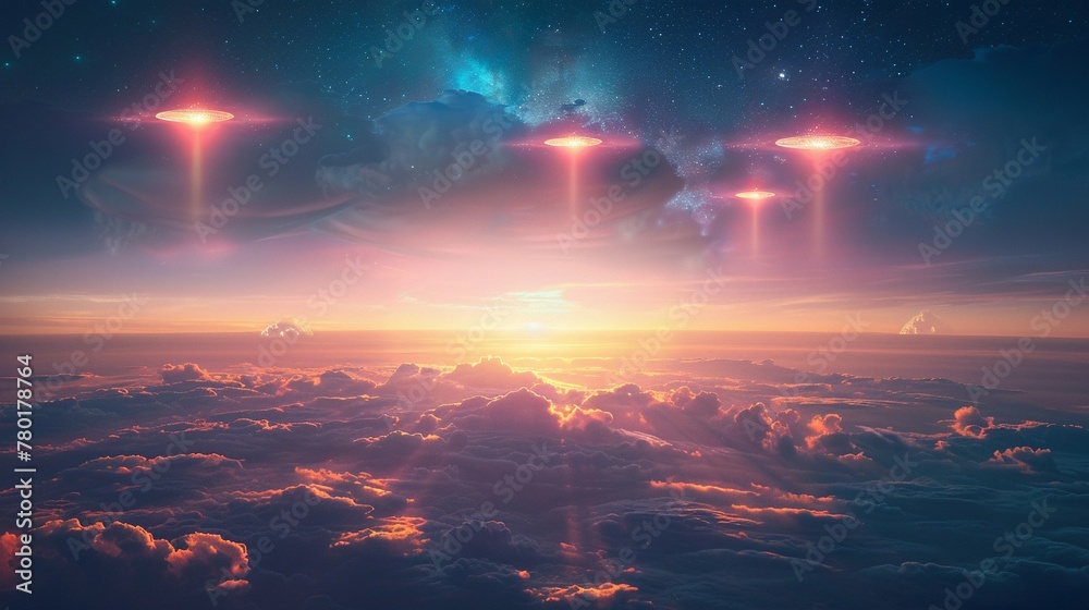 three glowing UFOs in the sky, above clouds at night. The lights from each alien ship cast colorful light on to the dark blue and orange cloudy landscape below