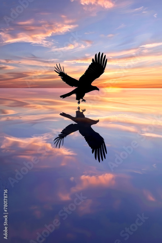 Silhouette of an eagle reflected in the water near orange pink blue sunset  majestic predator in flight