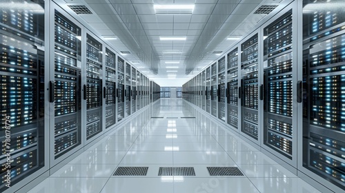 modern data center with rows of server machines in the background. White floor, black ceiling. Blue and green color palette. High resolution. very detailed