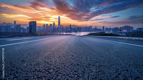 Empty asphalt road and city skyline with blue sky at sunset background  panoramic view of urban architecture and bridge
