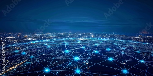 Photo of Big data network connection with city at night, blue color theme. wide angle lens natural lighting