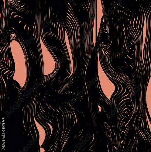 Distorted ribbed or striped texture with holes and a tense reddish background behind.