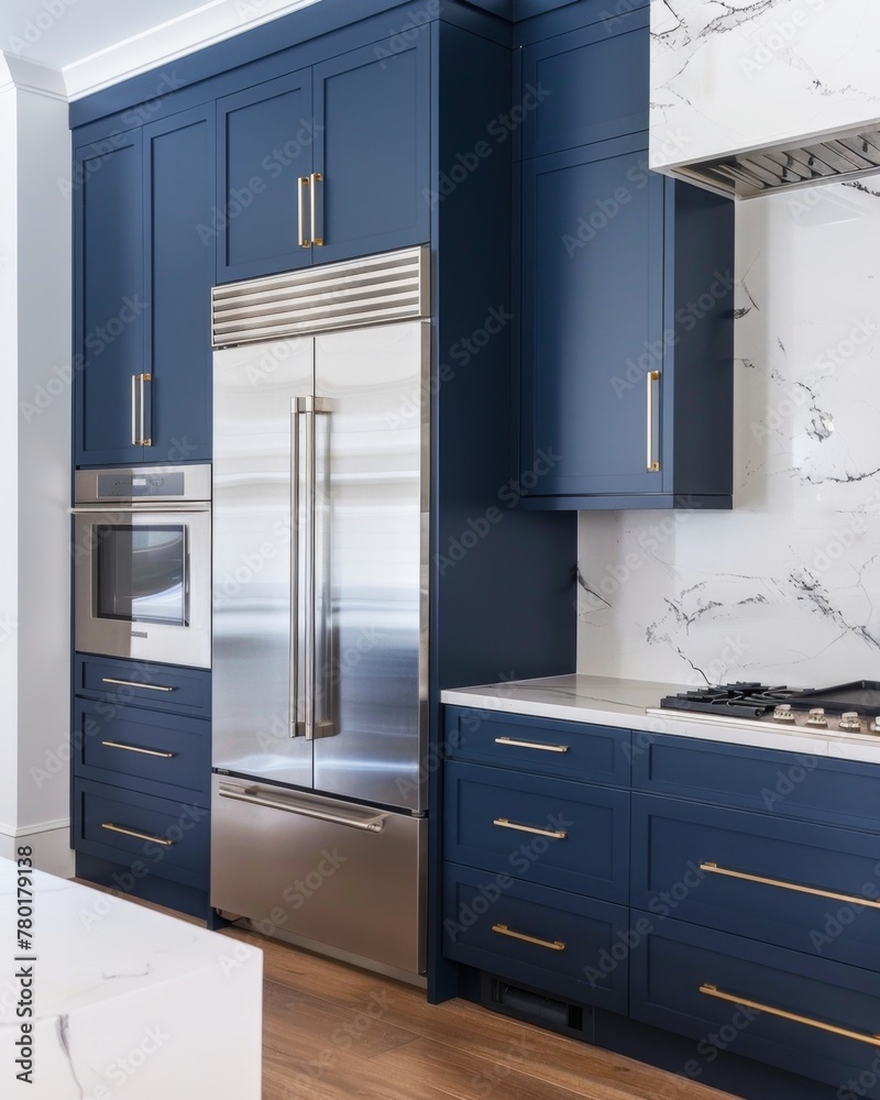 Fototapeta premium Dark blue cabinets, a stainless steel refrigerator and a marble backsplash in the kitchen with white oak flooring