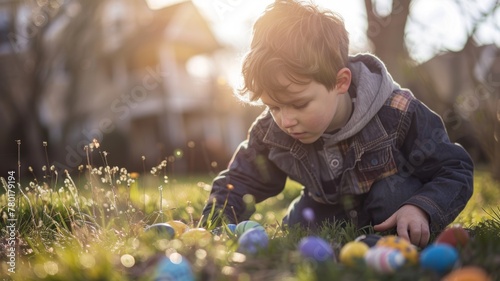 Child collecting Easter eggs on grassy lawn - A blurred child is seen engrossed in collecting colorful Easter eggs placed on the lawn during a bright sunny day photo