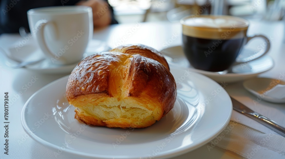 Fresh croissant and coffee on table - A delectable buttery croissant paired with a steaming cup of coffee, served on a white plate at a café setting