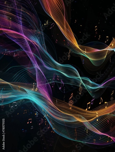 Ethereal neon musical notes flowing background - A dark canvas with neon musical notes creates an aura that mesmerizes and represents the digital visualization of music and audio frequencies