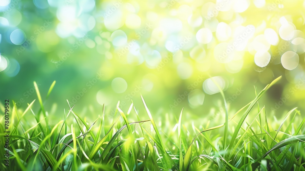 Lush green grass with a bokeh background - A vibrant, lively picture of fresh green grass with a sparkling bokeh effect in the background, symbolizing new beginnings and growth