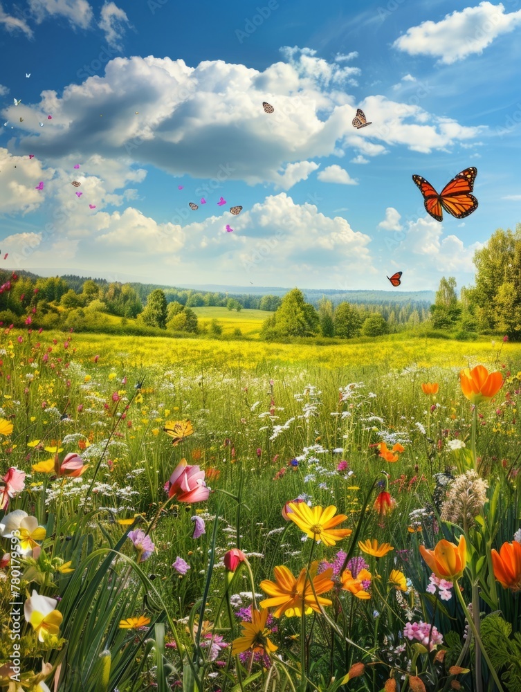 Lush Meadow with Butterflies and Flowers - A vibrant image showcasing a ...