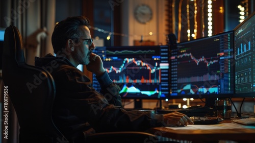 Male trader sits in his home office in front of screens with graphs and financial charts, predicts,