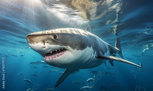 A sleek white shark swims in the quiet sea.