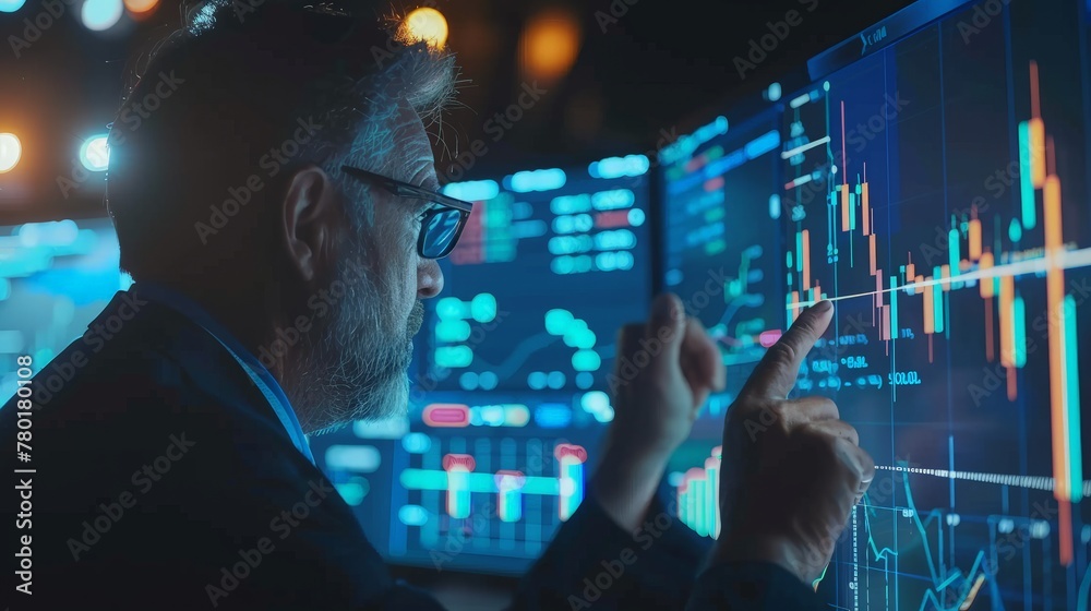 Stock exchange market concept, stock broker looking at graph working and analyzing with display screen, Stock exchange market concept, stock broker looking at graph working and analyzing with display screen,