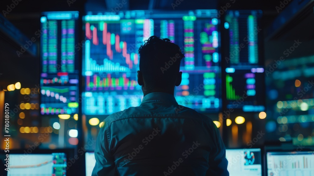Stock Market Top Trader Looks at Projected Ticker Numbers and Graphs Running, Analysing Data to Make Best Sell. Stock Market Top Trader Looks at Projected Ticker Numbers and Graphs Running, Analysing Data to Make Best Sell.