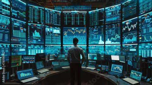Stock Market Top Trader Looks at Projected Ticker Numbers and Graphs Running, Analysing Data to Make Best Sell. photo