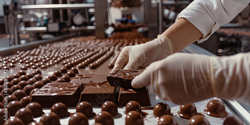 close up shot shows hands in white gloves placing chocolate bars on top of the confectionery ground covered with milk chocolate balls, generative AI © VALUEINVESTOR