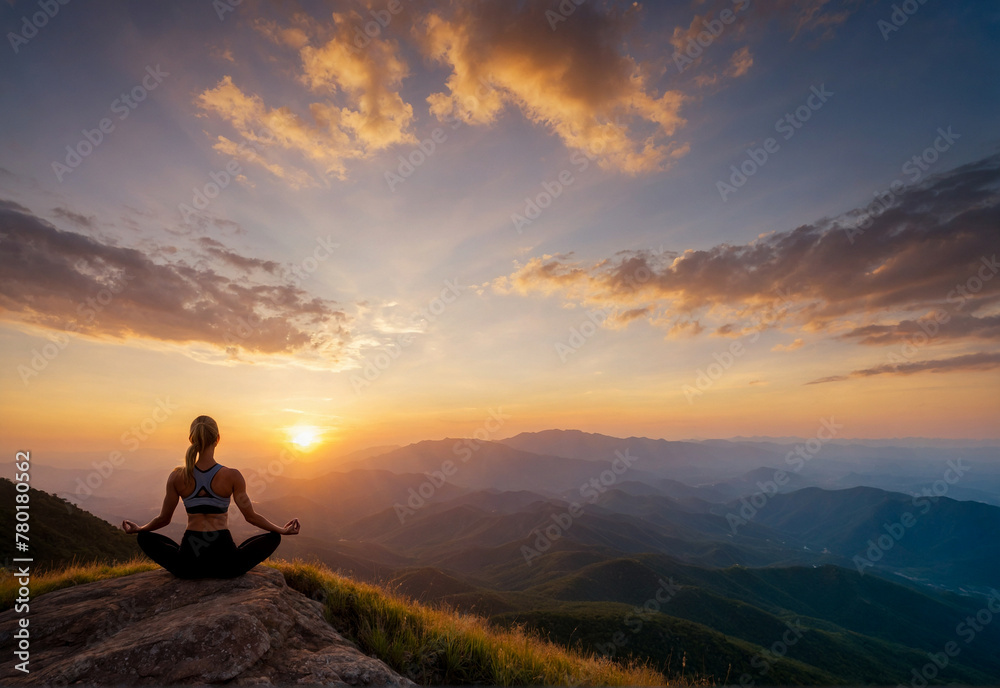 silhouette  fitness woman practices yoga on mountains with sunset sky.