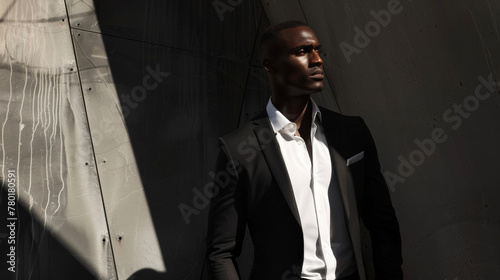 The stark contrast of a black mans crisp white shirt against the dark angular walls of a contemporary building creates a visually striking portrayal of architectural elegance. The . photo
