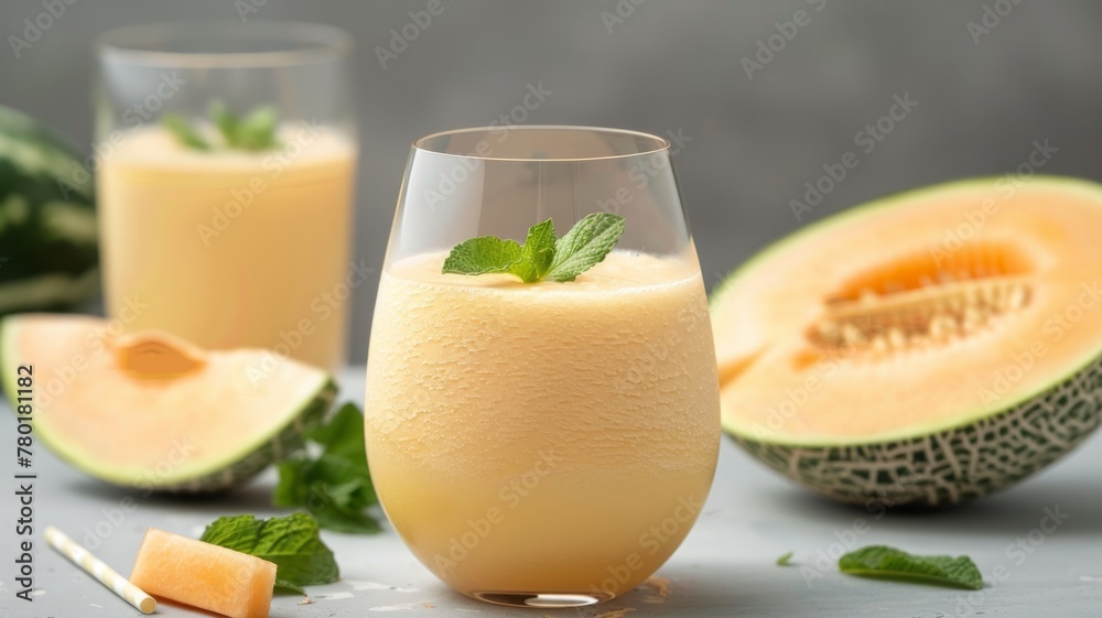 Fresh melon smoothie with mint garnish - Refreshing cantaloupe melon smoothie in a stemless glass with a sprig of mint, alongside cut melon on a grey surface Fresh melon smoothie with mint garnish - Refreshing cantaloupe melon smoothie in a stemless glass with a sprig of mint, alongside cut melon on a grey surface