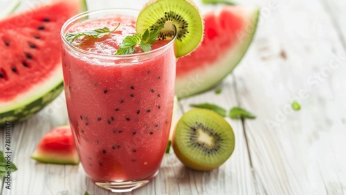 Frothy Watermelon Kiwi Smoothie with Fresh Mint - Infused with seeds  a single glass of watermelon kiwi smoothie is garnished with mint leaf and kiwi slice