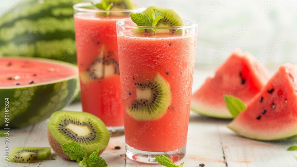 Refreshing Watermelon Kiwi Juice with Mint - Two glasses of fresh watermelon kiwi juice garnished with mint leaves on a white wooden background with fruit slices Refreshing Watermelon Kiwi Juice with Mint - Two glasses of fresh watermelon kiwi juice garnished with mint leaves on a white wooden background with fruit slices