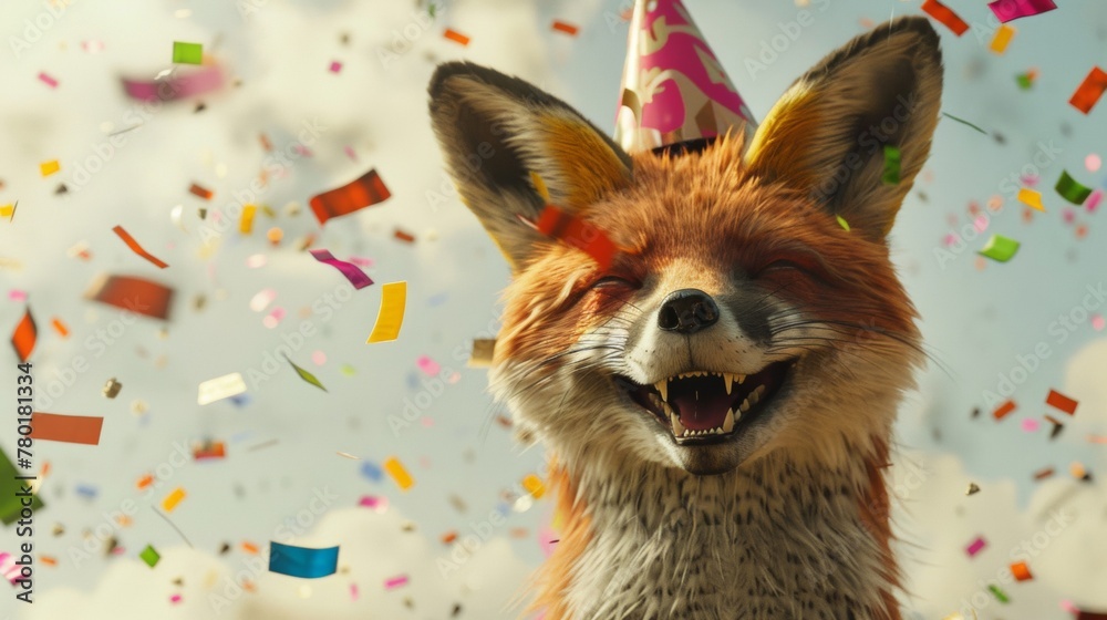 Fototapeta premium A photorealistic fox is smiling while wearing a party hat with confetti on its head