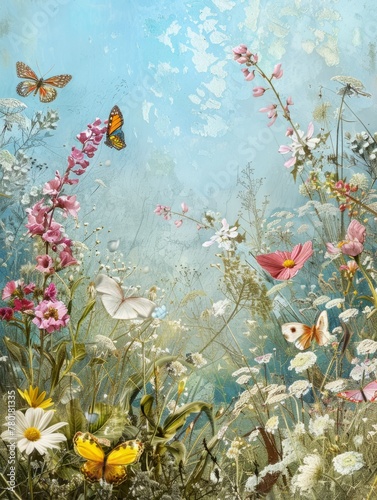 Colorful meadow with butterflies and flowers - This vibrant image captures a rich meadow brimming with various flowers and flittering butterflies under a blue speckled sky photo