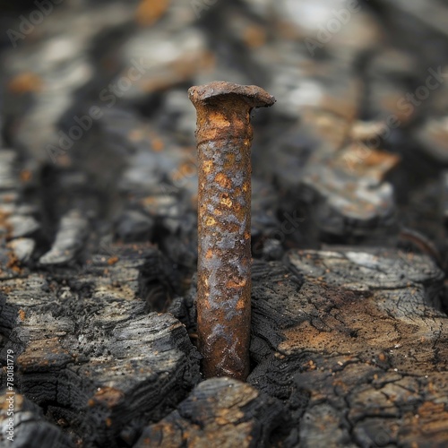 Capturing the intricate process of metal oxidation and natural decay through a close-up lens on a rusting nail embedded in wood.