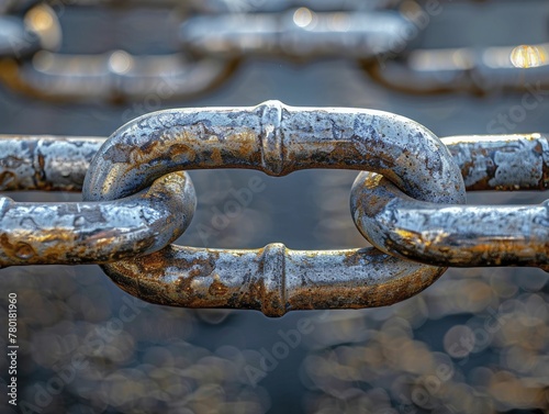 A close-up view of a sturdy metallic chain link, highlighting its robustness and intricate metal texture.