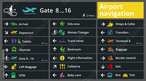 Set of icon airport public navigation. Transport transfer arrival and more. Flat color sign template.