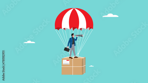 dropshipping business opportunity, businessman using binoculars while riding a flying parachute with package concept vector illustration