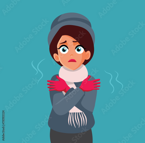 Shivering Woman Freezing During Winter Season Vector Illustration. Unhappy lady disliking bad freezing season trembling having the chills

