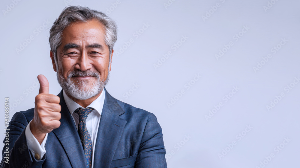 Senior asian businessman gives appreciation by showing thumbs up Senior asian businessman gives appreciation by showing thumbs up