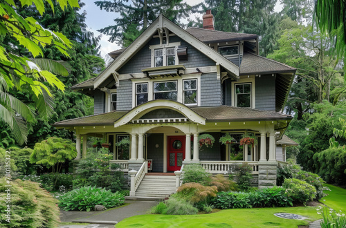 an elegant craftsman bungalow with lush green landscaping and a gray and white color scheme accented with bright red, a front porch with small stairs and a white handrail