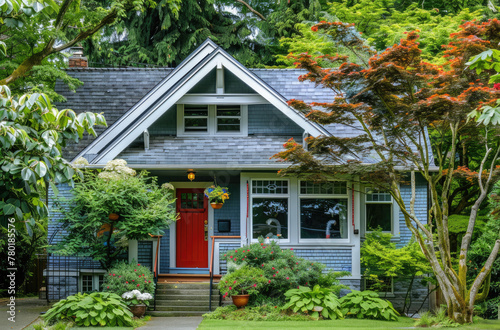 an elegant craftsman bungalow with lush green landscaping and a gray and white color scheme accented with bright red, a front porch with small stairs and a white handrail