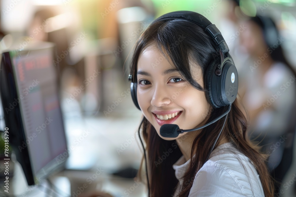 A woman working on laptop with headphone in modern office, Female customer service, Generative AI A woman working on laptop with headphone in modern office, Female customer service, Generative AI