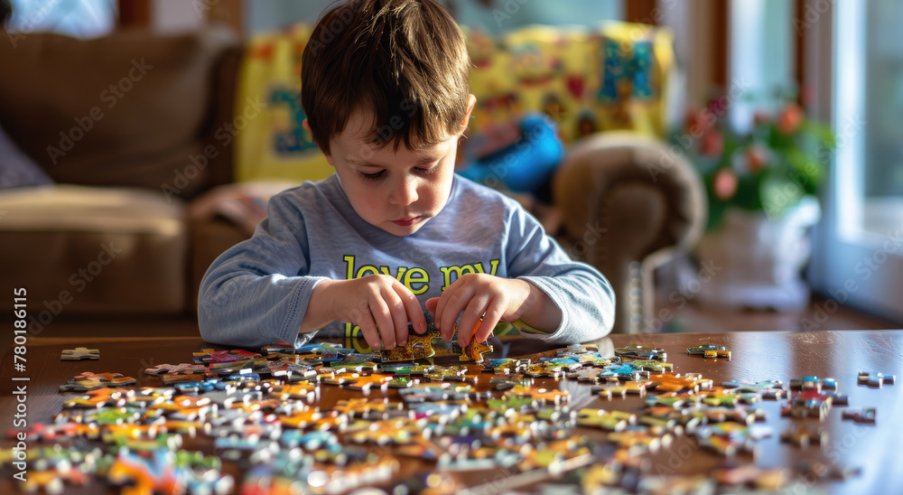 A child is sitting at the table and playing with puzzle pieces, holding one in his hand