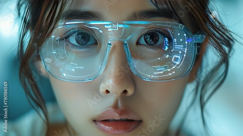 Woman wearing futuristic AR glasses with visible HUD, close-up on face.