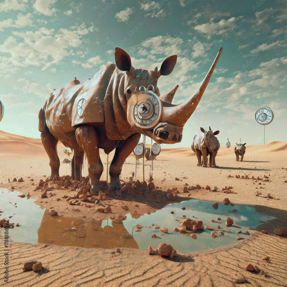 melted clocks in an arid sand landscape at midday a long-legged rhinoceros - obrazy, fototapety, plakaty 