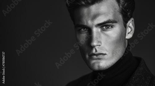 A man with defined cheekbones and a sharp jawline looks effortlessly sophisticated in a black and white portrait his serious expression softened by the elegant simplicity of the monochromatic .
