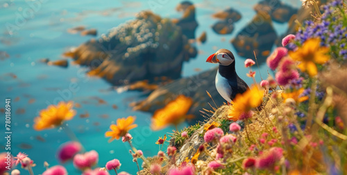 A cute puffin perched on the edge of an ocean cliff  overlooking beautiful blue waters and rugged cliffs covered in wildflowers.