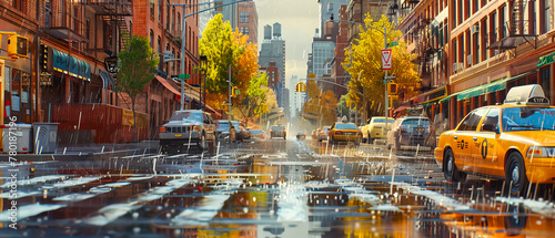 Rainy City Street Creating a Reflective Surface, Capturing the Moody Ambiance of Urban Life During a Downpour photo