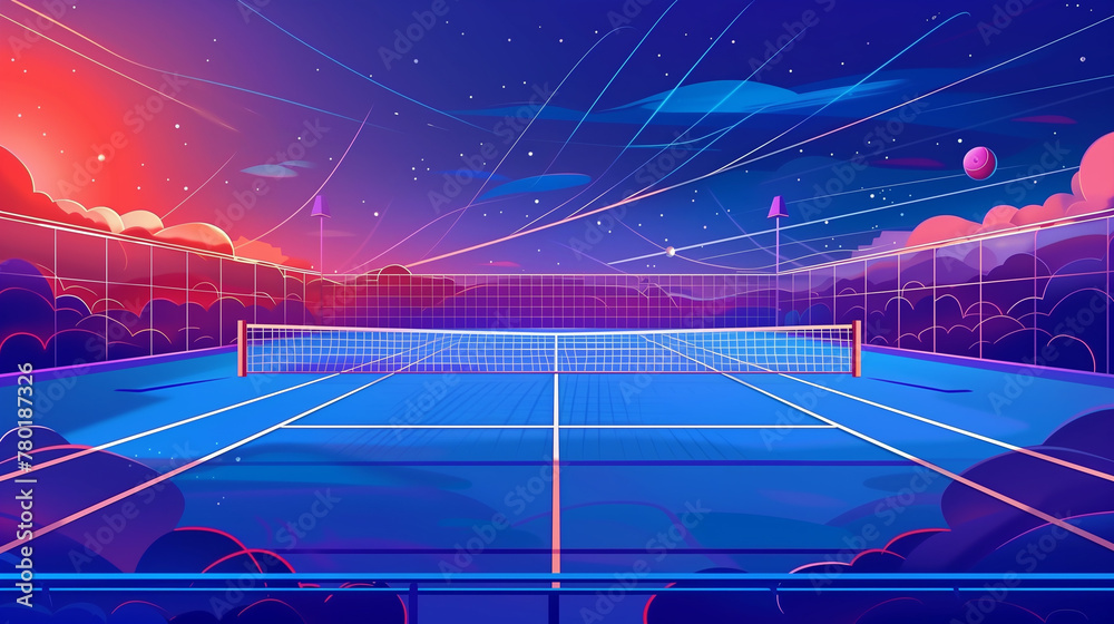 Illuminated indoor tennis court with sunlight. Tournament. Competition game. Modern art Grainy gradients design concept. Generative Ai - obrazy, fototapety, plakaty 