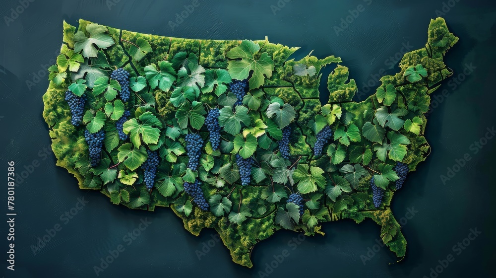 Fototapeta premium Vineyard USA map with grape leaves and clusters over green textured background 