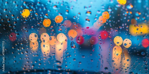 Close-up of raindrops on glass with defocused city lights in the background  creating a moody urban atmosphere.