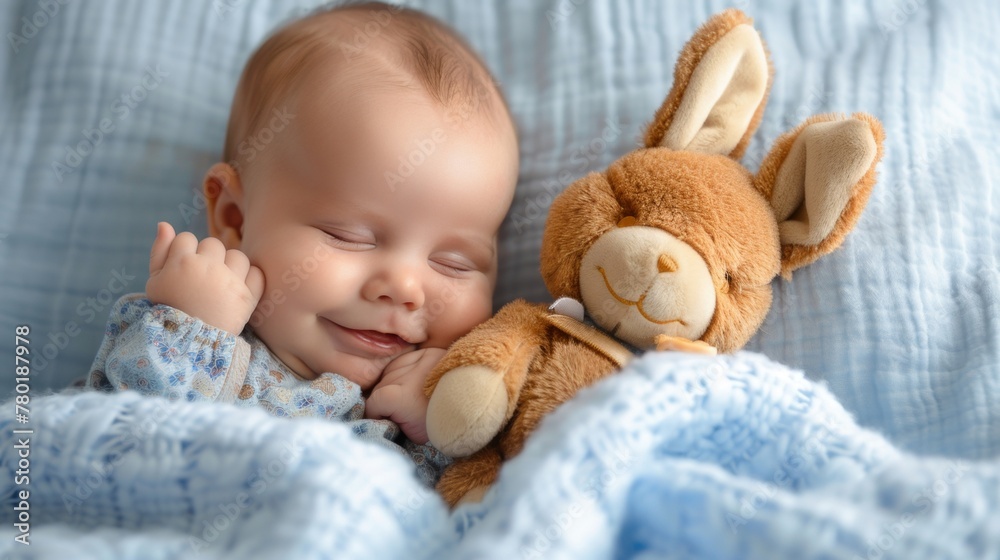 A peaceful sleeping baby cuddling a soft plush bunny toy on a blue blanket. A peaceful sleeping baby cuddling a soft plush bunny toy on a blue blanket.