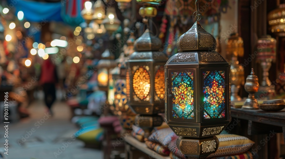 Illuminated Moroccan lanterns casting colorful light in a bustling market.