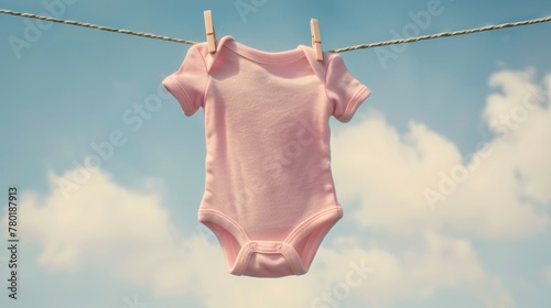 Cute pink baby onesie drying on a clothesline against a clear blue sky. photo