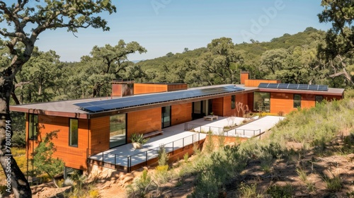 Contemporary eco-friendly house in a natural setting with solar panels on the roof.
