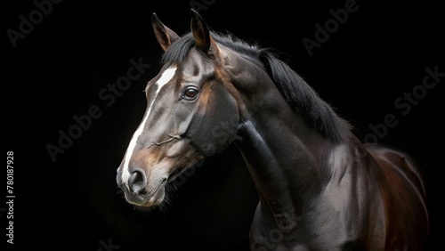 Portrait of a beautiful black horse on a black background, Horse on dark backround. © mamo studios