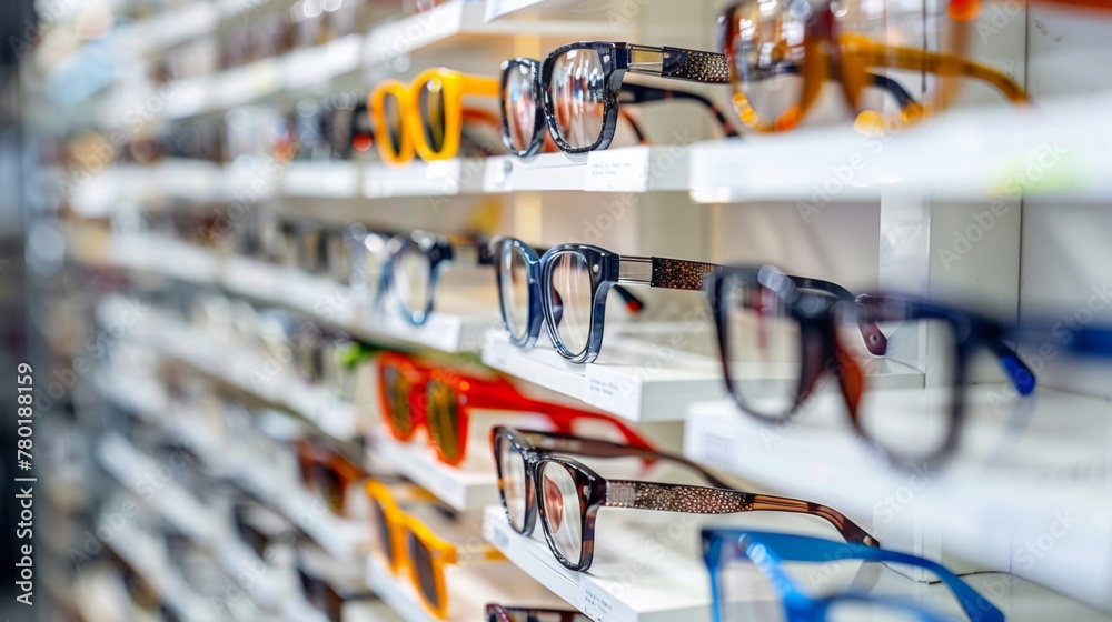 Rows of various eyeglass frames on white shelves, focused on stylish eyewear in an optical retail store. - obrazy, fototapety, plakaty 